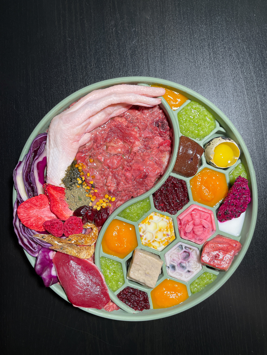 BARF recept pro psy. Droby, kuře, vnitřnosti pro psy se zeleninou. BARF kalkulačka vypočítá přesný poměr živin.